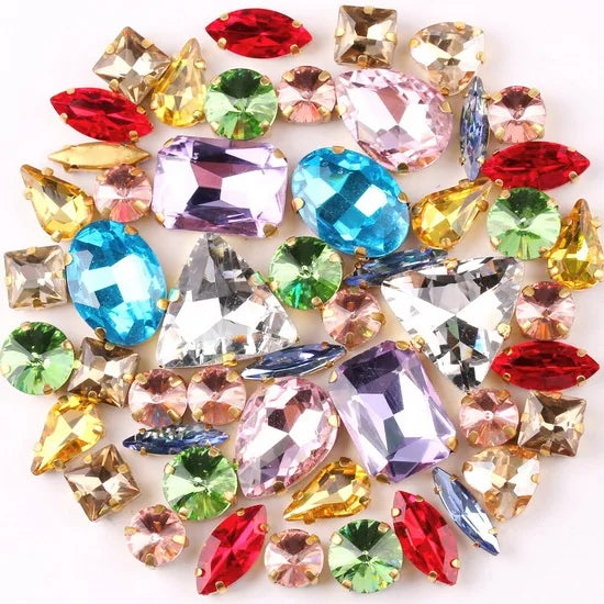 Gold claw setting 50pcs/bag shapes mix clear & jelly candy AB glass crystal sew on rhinestone wedding dress shoes bags diy trim