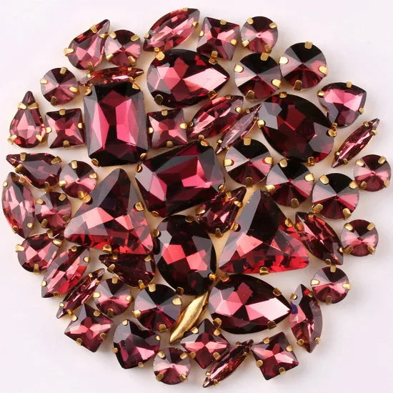 Gold claw setting 50pcs/bag shapes mix clear & jelly candy AB glass crystal sew on rhinestone wedding dress shoes bags diy trim