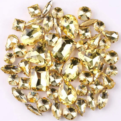 Gold claw setting 50pcs/bag shapes mix clear & jelly candy AB glass crystal sew on rhinestone wedding dress shoes bags diy trim