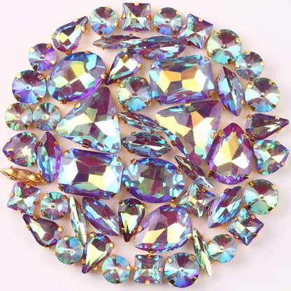 Gold claw setting 50pcs/bag shapes mix clear & jelly candy AB glass crystal sew on rhinestone wedding dress shoes bags diy trim