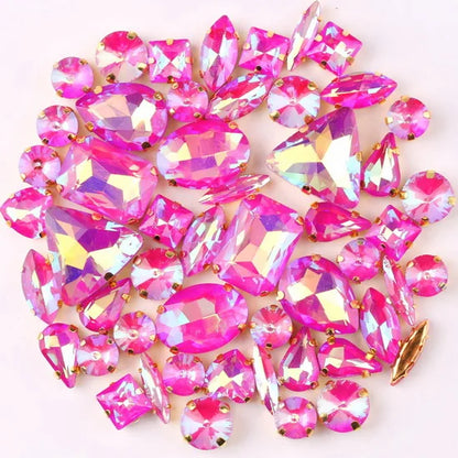 Gold claw setting 50pcs/bag shapes mix clear & jelly candy AB glass crystal sew on rhinestone wedding dress shoes bags diy trim