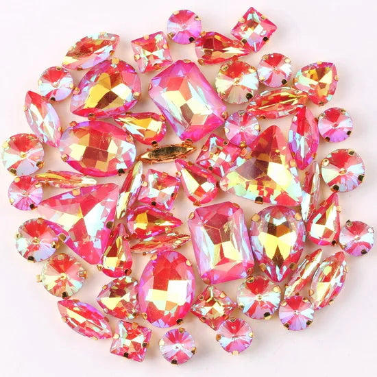 Gold claw setting 50pcs/bag shapes mix clear & jelly candy AB glass crystal sew on rhinestone wedding dress shoes bags diy trim