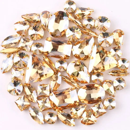 Gold claw setting 50pcs/bag shapes mix clear & jelly candy AB glass crystal sew on rhinestone wedding dress shoes bags diy trim