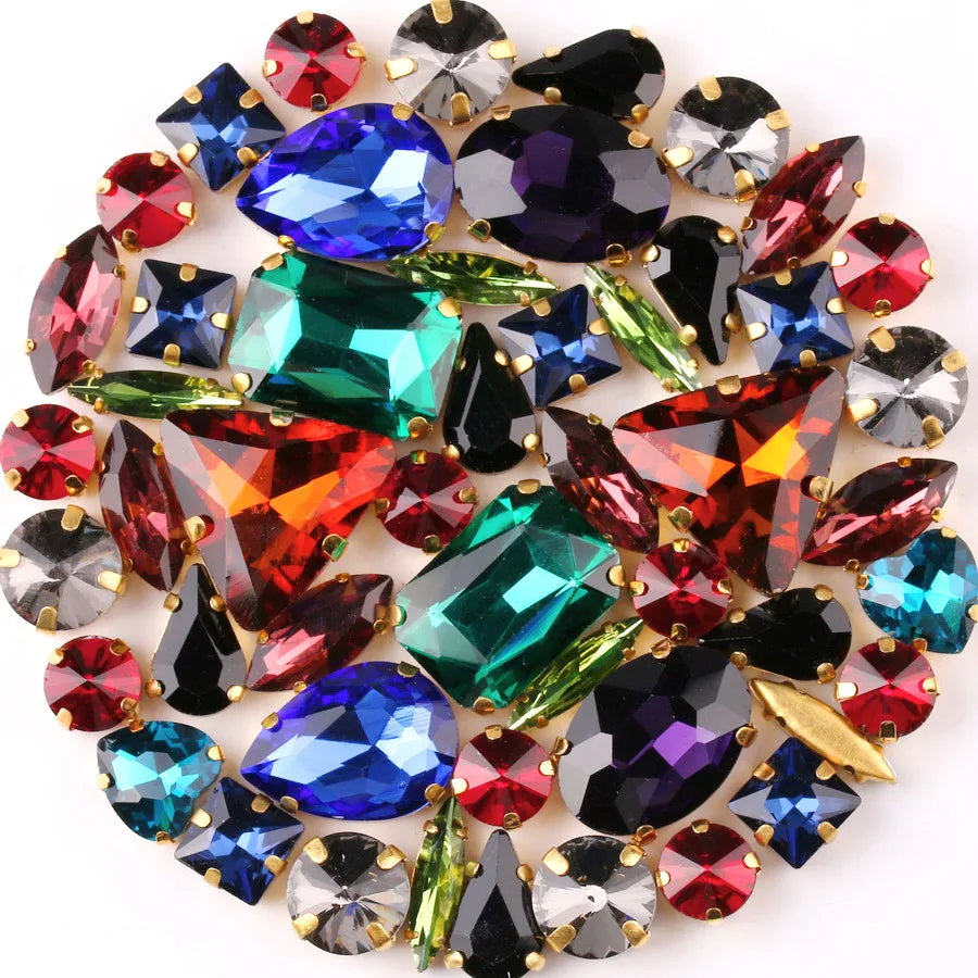 Gold claw setting 50pcs/bag shapes mix clear & jelly candy AB glass crystal sew on rhinestone wedding dress shoes bags diy trim