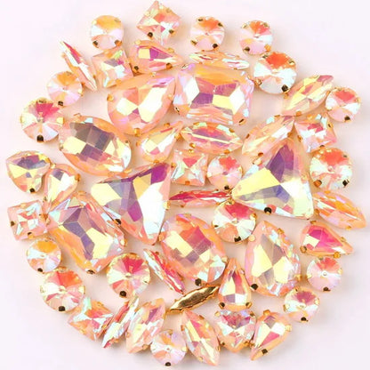 Gold claw setting 50pcs/bag shapes mix clear & jelly candy AB glass crystal sew on rhinestone wedding dress shoes bags diy trim