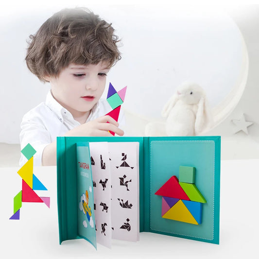 Hot Magnetic Jigsaw Puzzle 3D Geometric Shapes Tangram Board Kids Montessori Games For Children Educational Wooden Toys