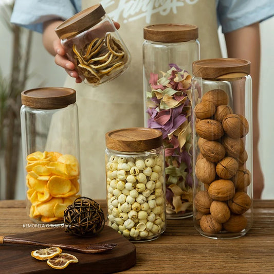 Wood Lid Glass Airtight Canister Kitchen Storage Bottles Jars Food Container Grains Tea Coffee Beans Grains Candy Jar Containers