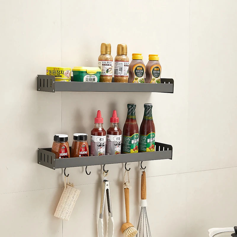 Wall Mounted Kitchen Condimenters Spice Rack Organizer Shelf Kitchen Storage Wall Shelf Organizers Hanging Hook Rack For Kitchen