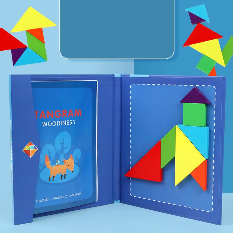 Hot Magnetic Jigsaw Puzzle 3D Geometric Shapes Tangram Board Kids Montessori Games For Children Educational Wooden Toys